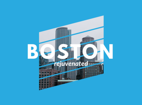 image of the boston insignia over a blue-colorized image of boston cityscape