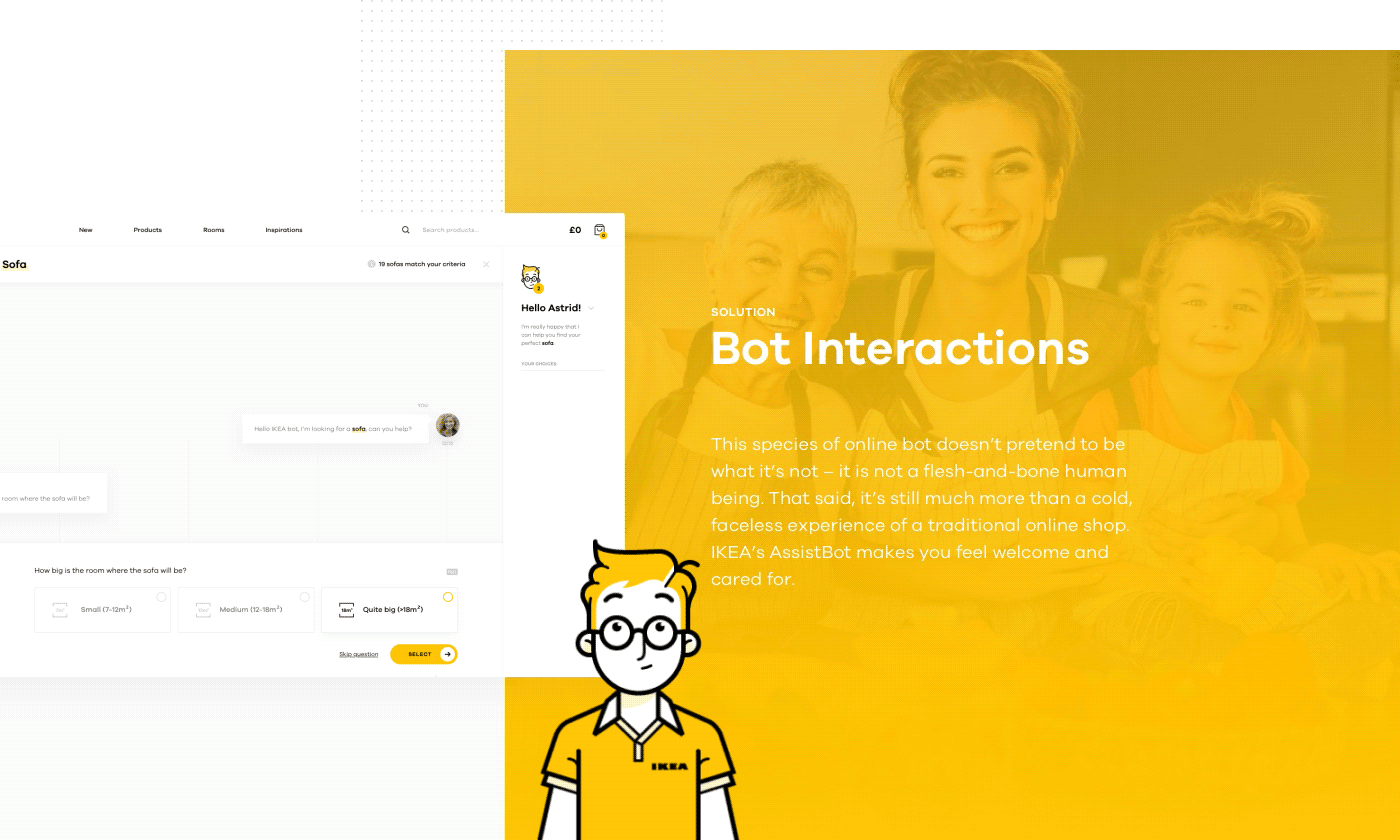 a .gif showing how the chat system with the AI works overlaid on a yellow-colorized photo of 3 generations of women smiles, with text discussing Bot Interactions. in the middle of these two images is the bot itself, looking up and smiling and blinking.