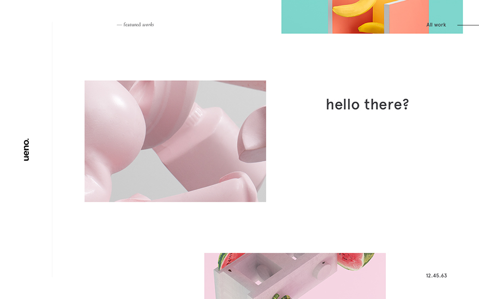 shown is the ueno website design. there are a few images of 3d renders and minimal text, all on a white background.