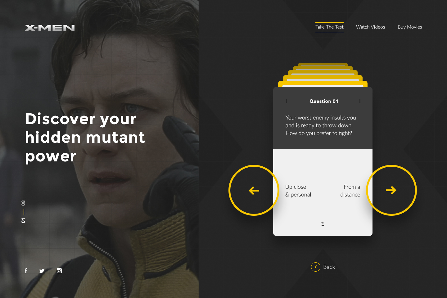 image of a split site: on the left is charles xavier and "Discover Your Mutant Power" ontop of his image, and onthe right is a deck of yellow, grey, and white-colored cards asking quiz questions