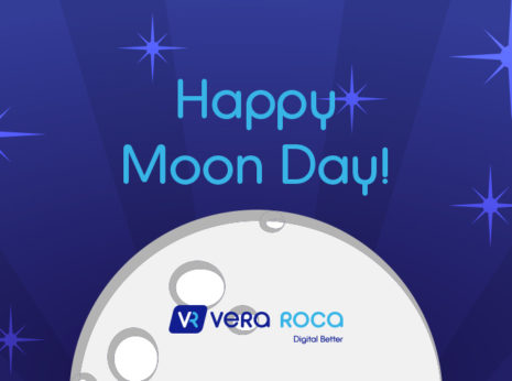 image of a dark purple-blue background with sparkles/stars and a graphic of the moon made into a semicircle. above it is the text "happy moon day!" and overlaid on it is the vera roca logo and motto.
