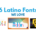 blue text on a white background that reads "6 latino fonts we love" with three images of said fonts below, decorated with blue, dark blue, and orange shapes