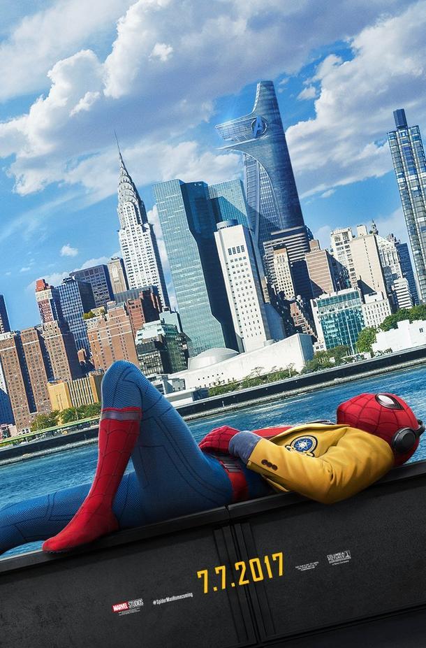 poster of the new york skyline, water, and then spider-man lounging on his back in full spider-suit and his school uniform on top