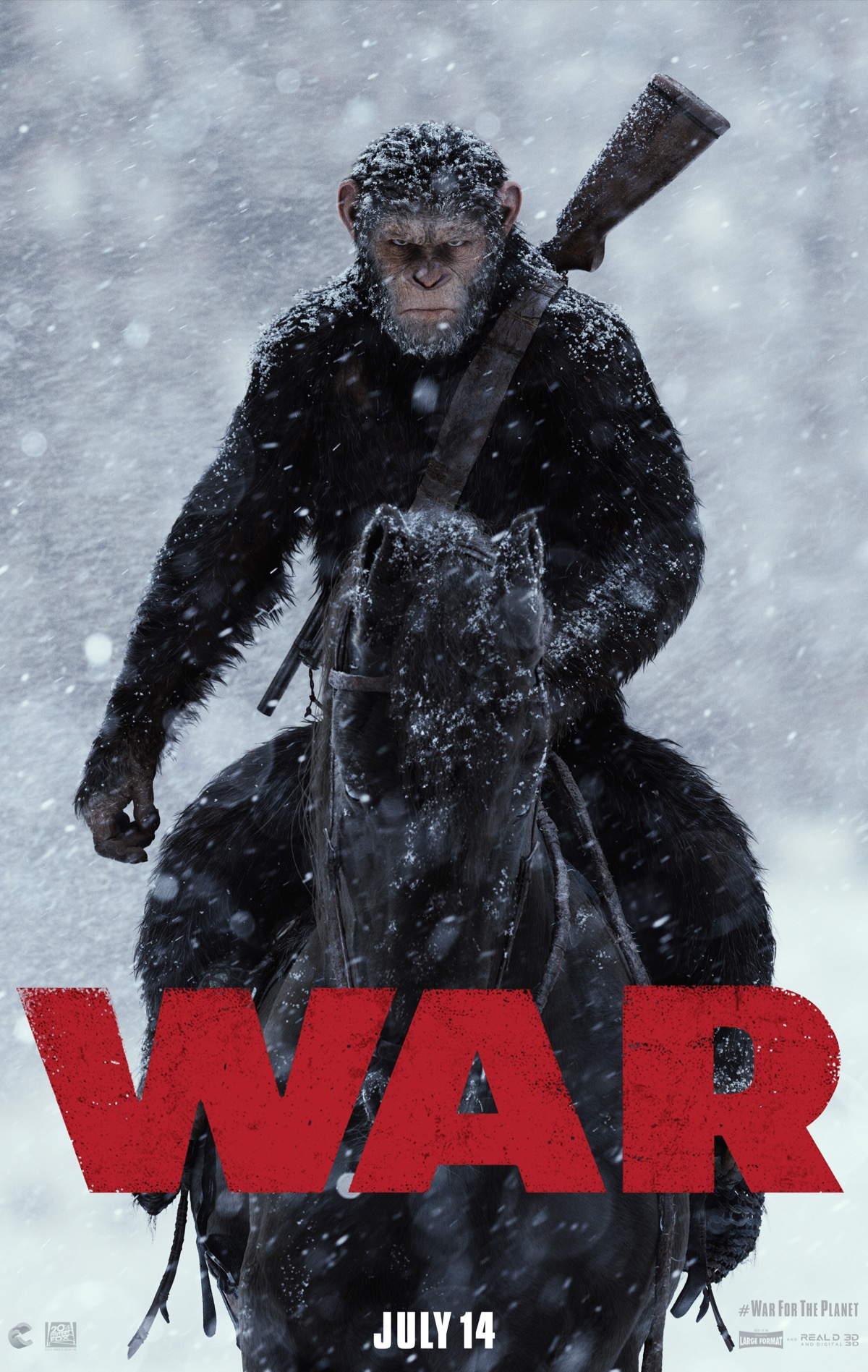 a poster of an ape on horseback with a rifle slung over its shoulder staring menacingly out, with snow falling. over the bottom of the image is the text "war" is bright red bold font